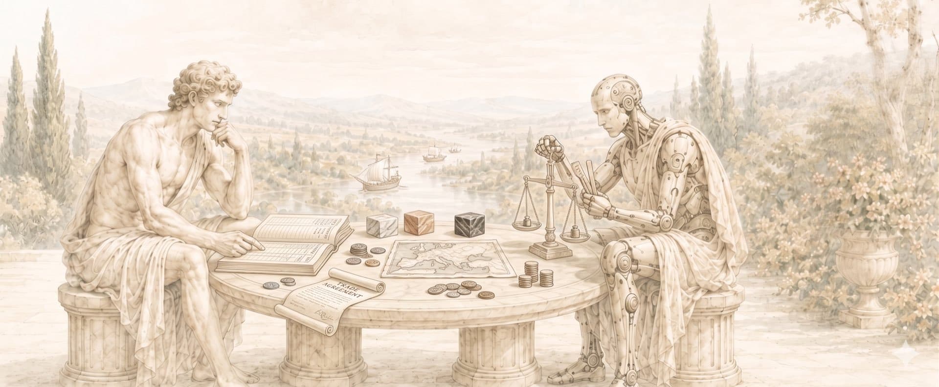 An engraving of a philosopher and an automaton trading at a table