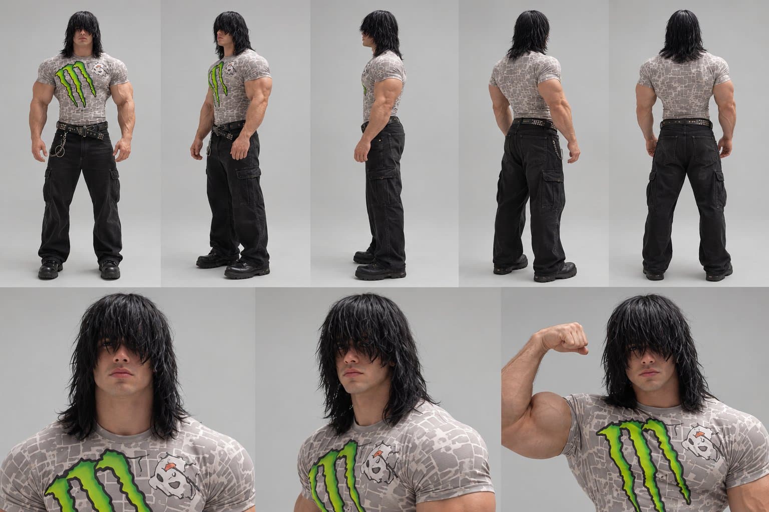 Character reference sheet showing the same hairstyle, outfit and appearance across multiple angles